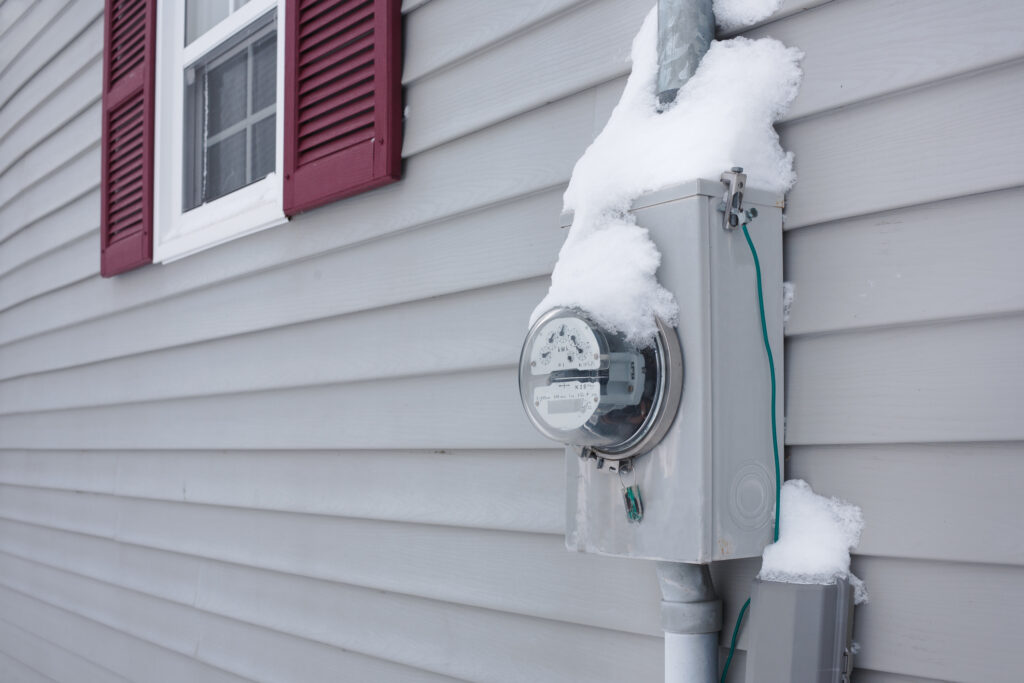A close-up of a brand new energy-efficient home siding installation on a suburban home, featuring an outdoor energy meter covered in snow. The energy meter shows that the energy consumption of the property is low despite the cold weather.