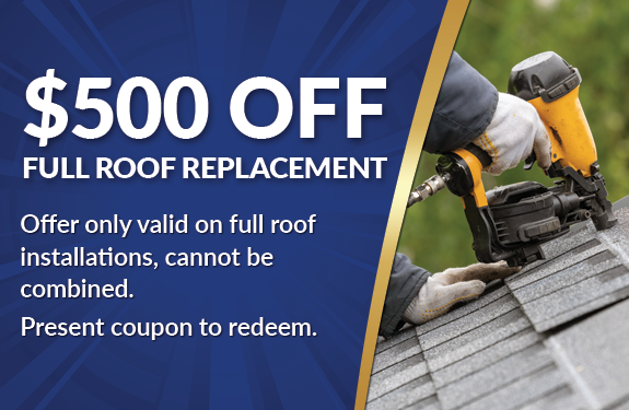 Coupon for $500 off any full roof installation service for roofing contractor customers in and around Montgomery county pa