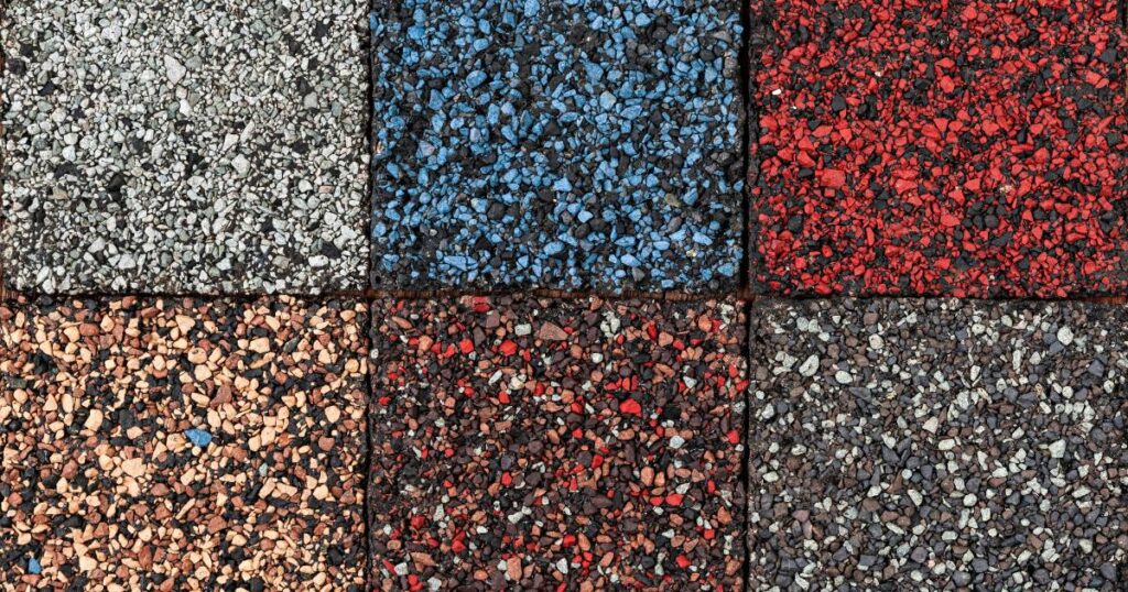Gray, blue, red,orange, brown, and black asphalt shingles before roof replacement Buckingham pa