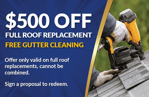 Blue coupon offering $500 off full roof replacements and a complimentary gutter cleaning.