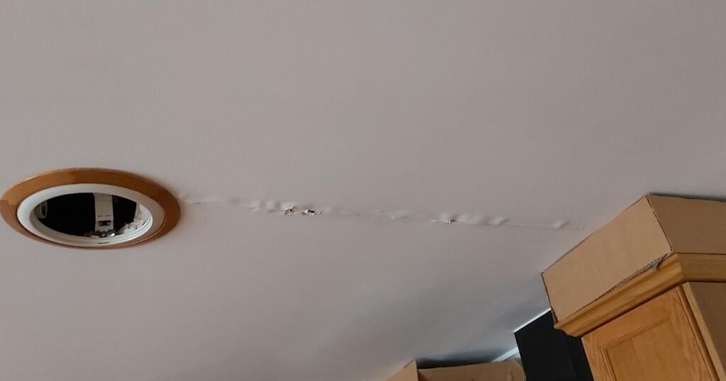 Interior image of a roof leak showing water dripping from a white ceiling. 
